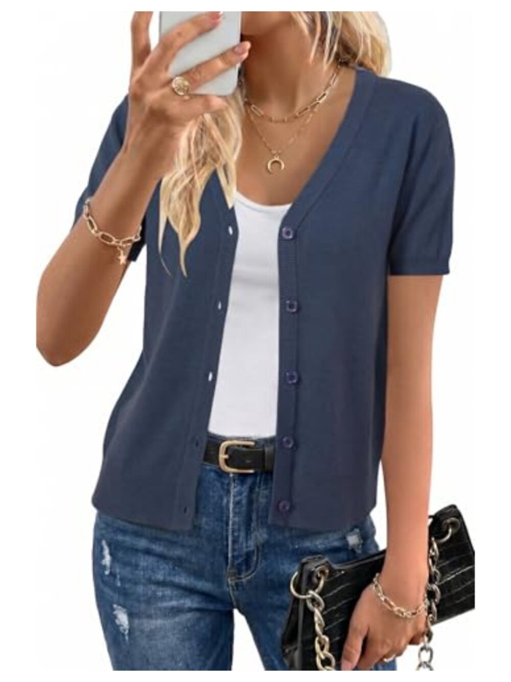 Wool Blend Short Sleeve V-Neck Button Cardigan Women's Lightweight Knit Sweater